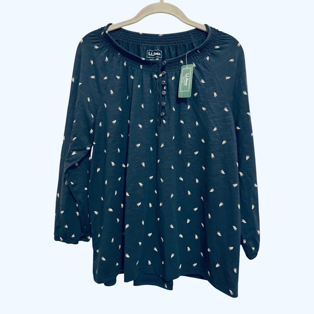 L.L. Bean Camden Hills Tee Women's M Navy Paisley Dot Cottagecore Henley Top